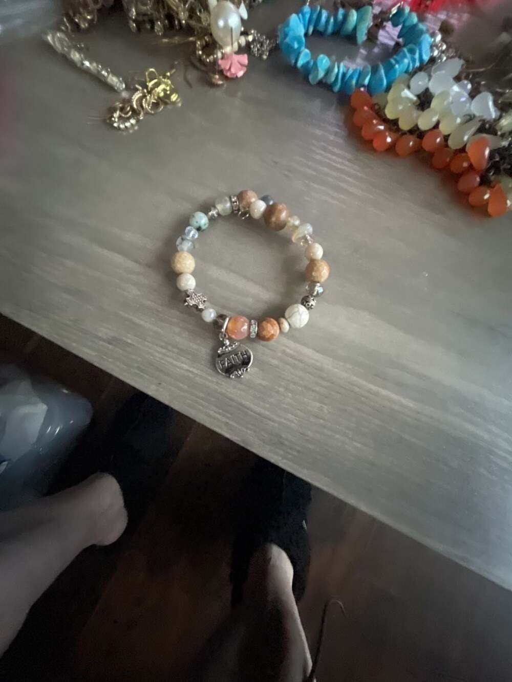 Faith Charm Beaded Bracelet Neutral Stone Boho